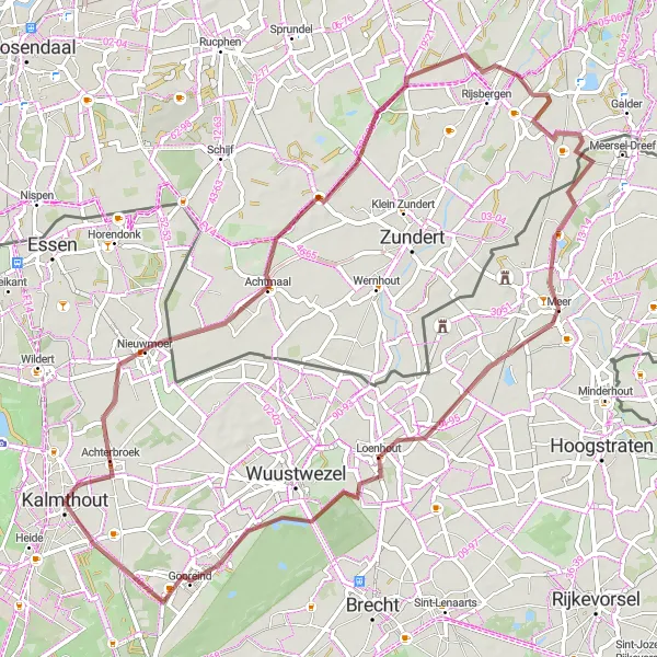 Map miniature of "The Gravel Tour of Kalmthout" cycling inspiration in Prov. Antwerpen, Belgium. Generated by Tarmacs.app cycling route planner