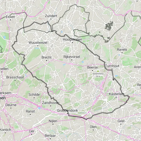 Miniatuurkaart van de fietsinspiratie "Roadtrip langs Hoogstraten en Herentals" in Prov. Antwerpen, Belgium. Gemaakt door de Tarmacs.app fietsrouteplanner