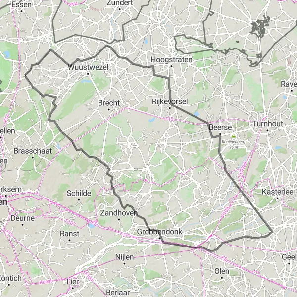 Map miniature of "The Scenic Road Loop of Antwerp" cycling inspiration in Prov. Antwerpen, Belgium. Generated by Tarmacs.app cycling route planner