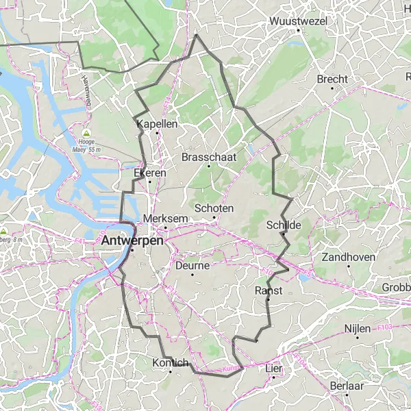 Map miniature of "Antwerp Adventure" cycling inspiration in Prov. Antwerpen, Belgium. Generated by Tarmacs.app cycling route planner