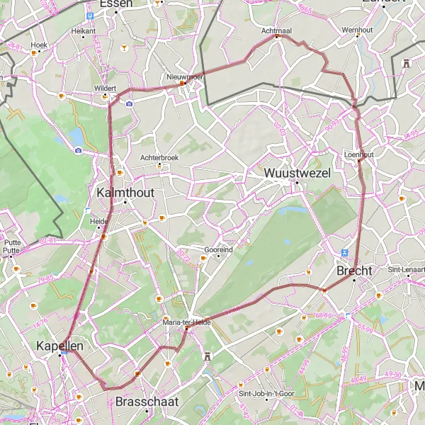 Map miniature of "The Mills and Villages Route" cycling inspiration in Prov. Antwerpen, Belgium. Generated by Tarmacs.app cycling route planner