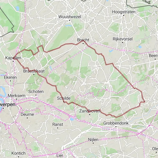 Karten-Miniaturansicht der Radinspiration "Gravelroute durch die Natur von Kapellen" in Prov. Antwerpen, Belgium. Erstellt vom Tarmacs.app-Routenplaner für Radtouren