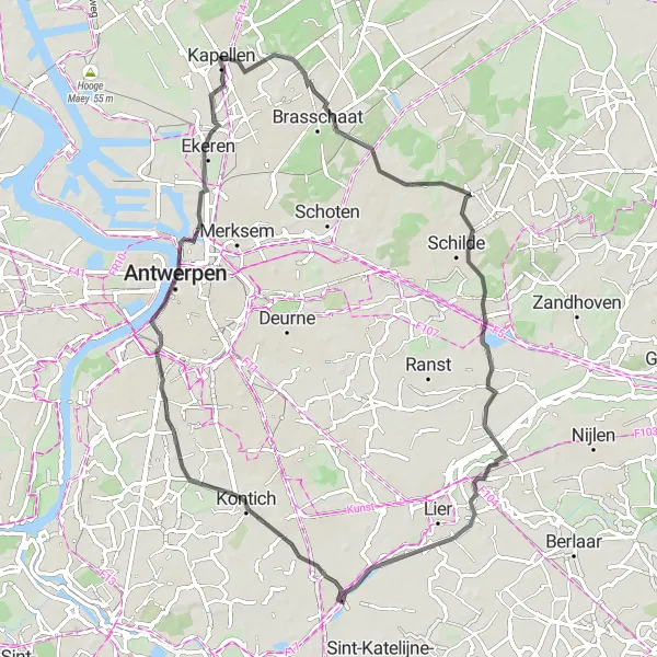 Map miniature of "The Antwerp Villages Loop" cycling inspiration in Prov. Antwerpen, Belgium. Generated by Tarmacs.app cycling route planner