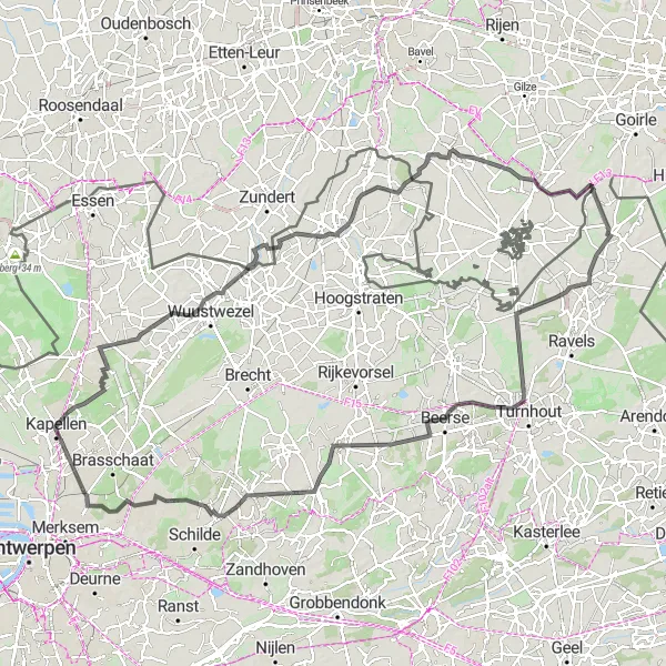 Map miniature of "The Kempen Excursion" cycling inspiration in Prov. Antwerpen, Belgium. Generated by Tarmacs.app cycling route planner