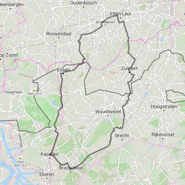 Map miniature of "Heathlands and Dutch Villages" cycling inspiration in Prov. Antwerpen, Belgium. Generated by Tarmacs.app cycling route planner