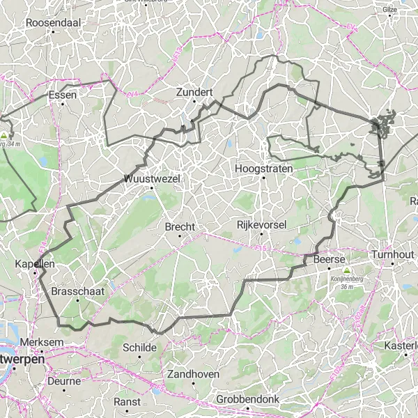 Karten-Miniaturansicht der Radinspiration "Herausfordernde Straßenradtour um Kapellen" in Prov. Antwerpen, Belgium. Erstellt vom Tarmacs.app-Routenplaner für Radtouren