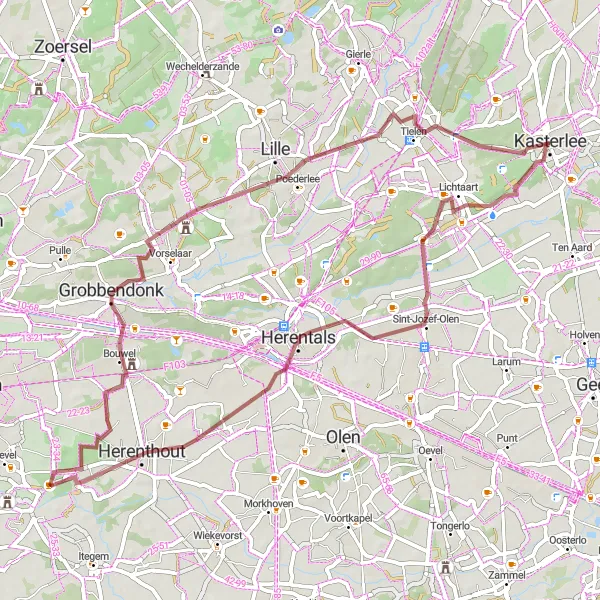 Map miniature of "Gravel Adventure at Kasterlee" cycling inspiration in Prov. Antwerpen, Belgium. Generated by Tarmacs.app cycling route planner