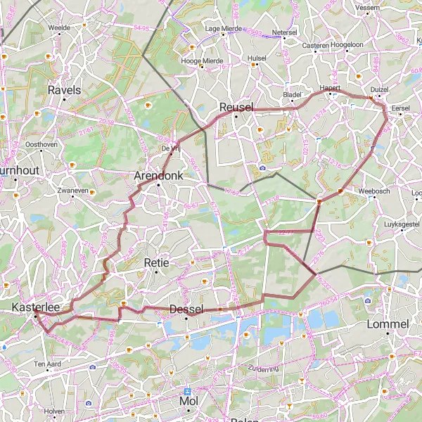 Miniatuurkaart van de fietsinspiratie "Avontuurlijke gravelroute van 76 km" in Prov. Antwerpen, Belgium. Gemaakt door de Tarmacs.app fietsrouteplanner