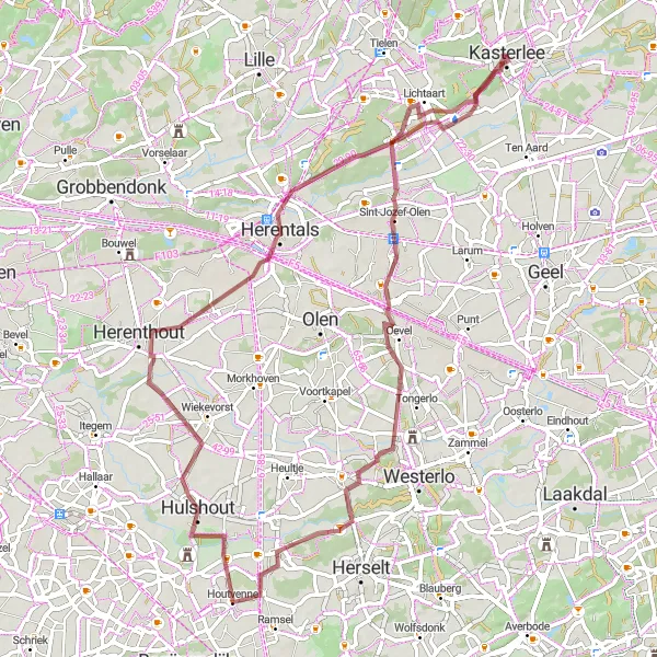 Miniatuurkaart van de fietsinspiratie "Gravelroute van 66 km rond Kasterlee" in Prov. Antwerpen, Belgium. Gemaakt door de Tarmacs.app fietsrouteplanner