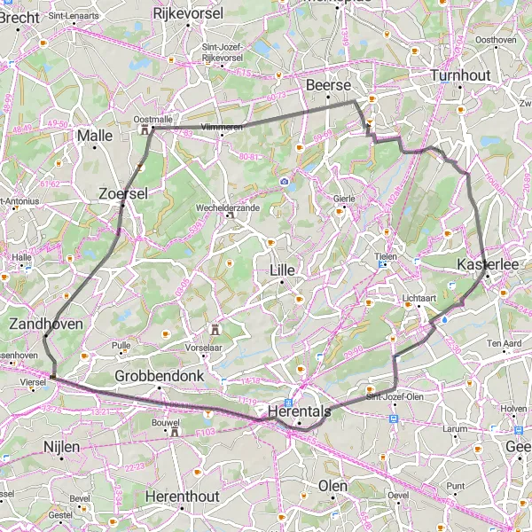 Karten-Miniaturansicht der Radinspiration "Radtour durch malerische Dörfer" in Prov. Antwerpen, Belgium. Erstellt vom Tarmacs.app-Routenplaner für Radtouren