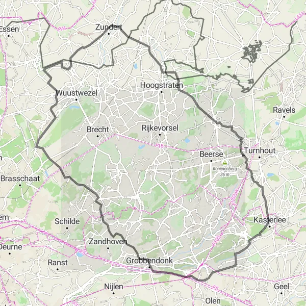 Miniatuurkaart van de fietsinspiratie "Kasterlee naar Zundert" in Prov. Antwerpen, Belgium. Gemaakt door de Tarmacs.app fietsrouteplanner