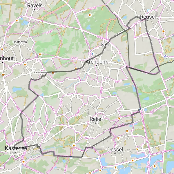 Miniatuurkaart van de fietsinspiratie "Zundert via Kasterlee" in Prov. Antwerpen, Belgium. Gemaakt door de Tarmacs.app fietsrouteplanner