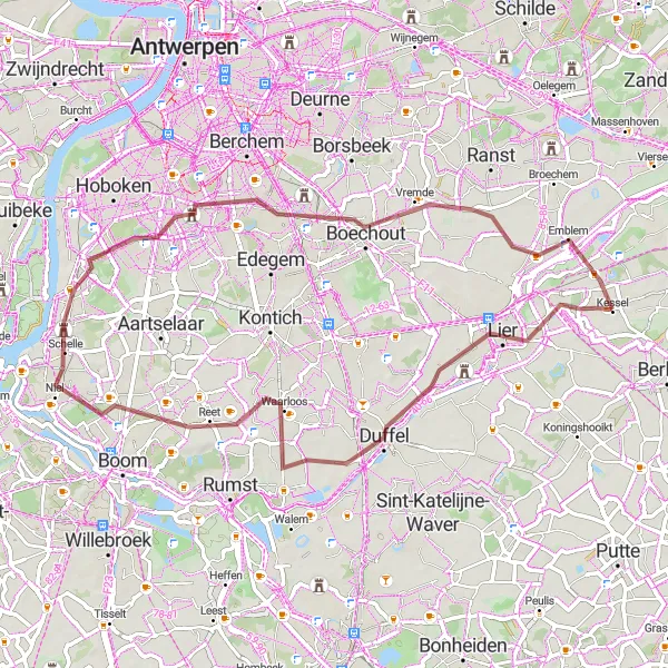 Map miniature of "Gravel Route: Duffel to Emblem" cycling inspiration in Prov. Antwerpen, Belgium. Generated by Tarmacs.app cycling route planner