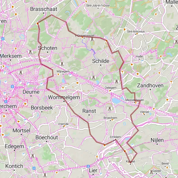 Miniatuurkaart van de fietsinspiratie "Wommelgem en omgeving Gravelroute" in Prov. Antwerpen, Belgium. Gemaakt door de Tarmacs.app fietsrouteplanner