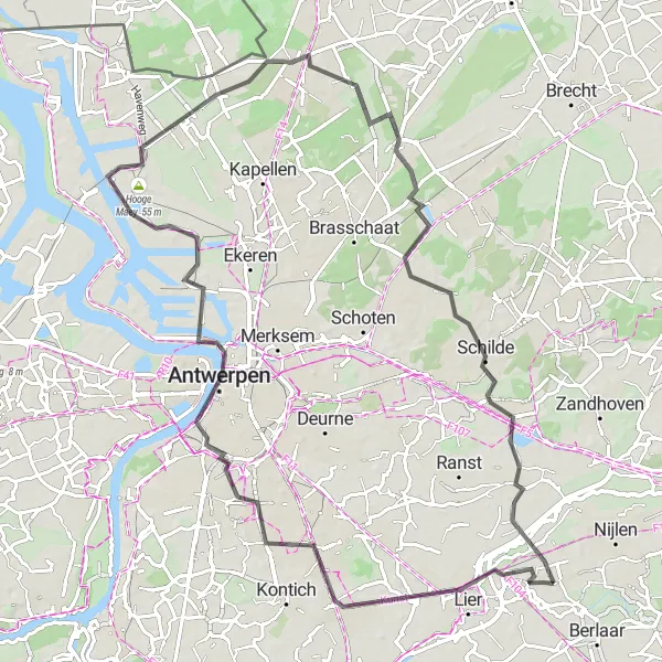 Miniature de la carte de l'inspiration cycliste "Circuit des Villages Flamands" dans la Prov. Antwerpen, Belgium. Générée par le planificateur d'itinéraire cycliste Tarmacs.app