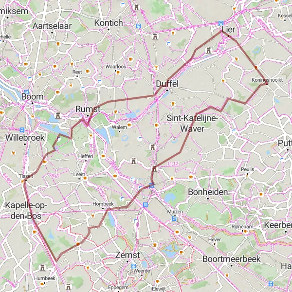 Map miniature of "The Tranquil Gravel Route" cycling inspiration in Prov. Antwerpen, Belgium. Generated by Tarmacs.app cycling route planner