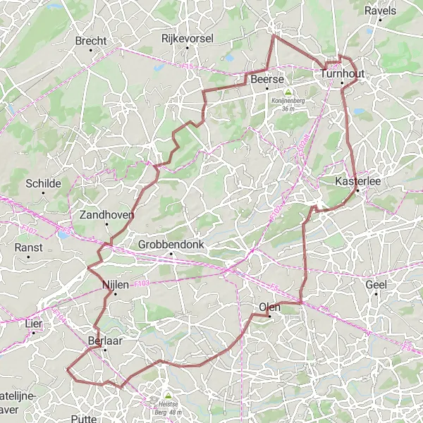 Miniature de la carte de l'inspiration cycliste "Parcours Gravel autour de Koningshooikt" dans la Prov. Antwerpen, Belgium. Générée par le planificateur d'itinéraire cycliste Tarmacs.app