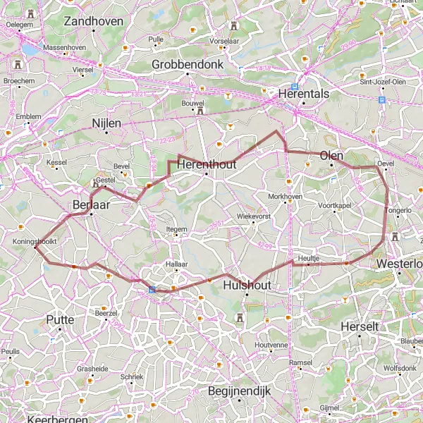 Map miniature of "Picturesque Gravel Trail to Berlaar" cycling inspiration in Prov. Antwerpen, Belgium. Generated by Tarmacs.app cycling route planner