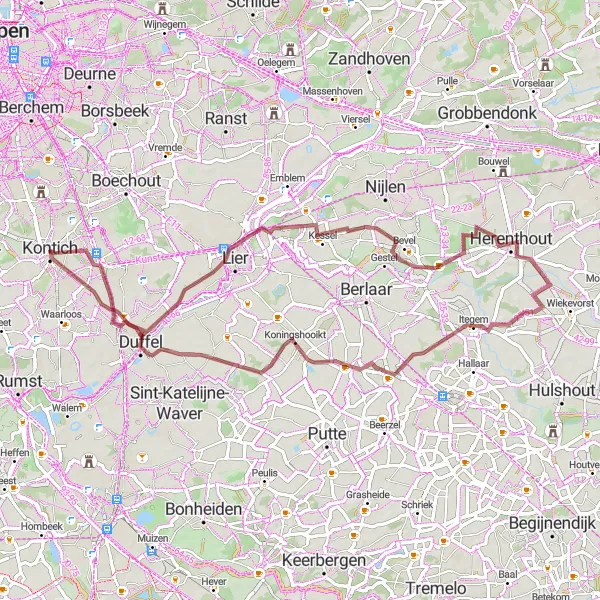 Karten-Miniaturansicht der Radinspiration "Abenteuerliche Schottertour rund um Kontich" in Prov. Antwerpen, Belgium. Erstellt vom Tarmacs.app-Routenplaner für Radtouren