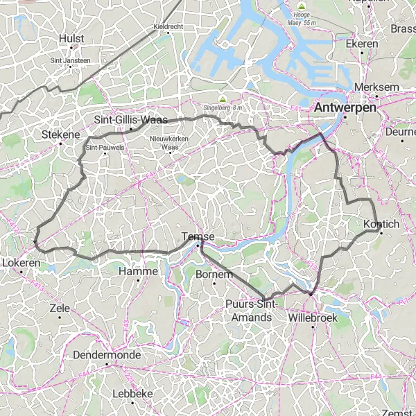 Map miniature of "Waasmunster Challenge" cycling inspiration in Prov. Antwerpen, Belgium. Generated by Tarmacs.app cycling route planner