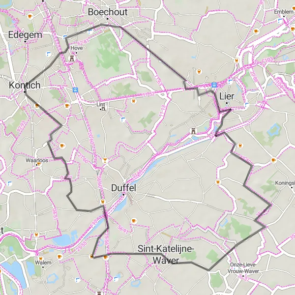 Miniatuurkaart van de fietsinspiratie "Tocht langs historische bezienswaardigheden" in Prov. Antwerpen, Belgium. Gemaakt door de Tarmacs.app fietsrouteplanner