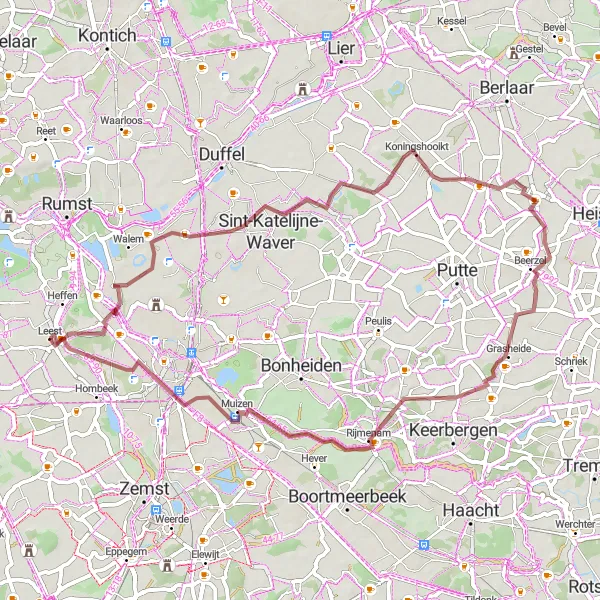 Miniature de la carte de l'inspiration cycliste "Promenade panoramique à travers les collines de Leest" dans la Prov. Antwerpen, Belgium. Générée par le planificateur d'itinéraire cycliste Tarmacs.app