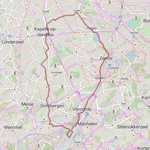 Karten-Miniaturansicht der Radinspiration "Gravelroute von Leest nach Het Voor" in Prov. Antwerpen, Belgium. Erstellt vom Tarmacs.app-Routenplaner für Radtouren