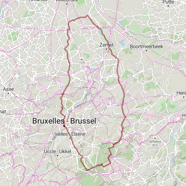 Karten-Miniaturansicht der Radinspiration "Gravelroute von Leest nach Atomium" in Prov. Antwerpen, Belgium. Erstellt vom Tarmacs.app-Routenplaner für Radtouren