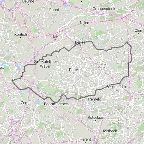 Miniatuurkaart van de fietsinspiratie "Fietsroute langs Battel, Vogelkijkhut Eeckhoven en meer" in Prov. Antwerpen, Belgium. Gemaakt door de Tarmacs.app fietsrouteplanner