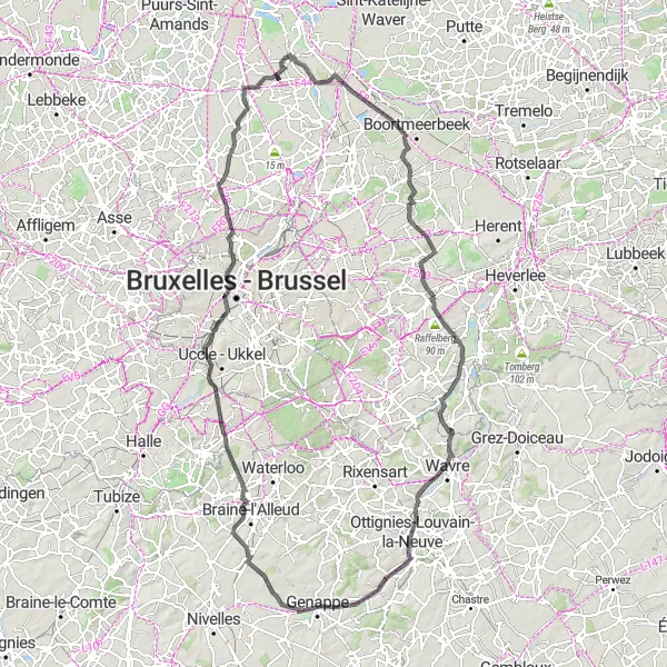 Miniature de la carte de l'inspiration cycliste "Route cycliste panoramique d'Antwerpen à Bruxelles" dans la Prov. Antwerpen, Belgium. Générée par le planificateur d'itinéraire cycliste Tarmacs.app
