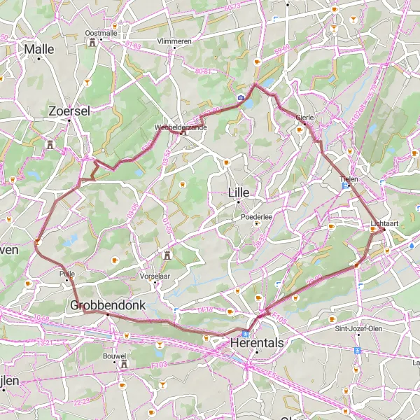 Miniature de la carte de l'inspiration cycliste "Route Gravel à Lichtaart" dans la Prov. Antwerpen, Belgium. Générée par le planificateur d'itinéraire cycliste Tarmacs.app
