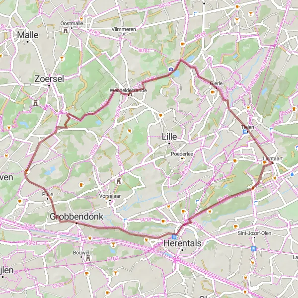 Map miniature of "The Gravel Escape" cycling inspiration in Prov. Antwerpen, Belgium. Generated by Tarmacs.app cycling route planner