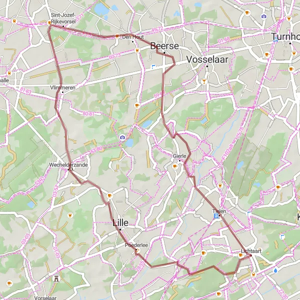 Miniatuurkaart van de fietsinspiratie "Gravelroute door het groene hart van de Kempen" in Prov. Antwerpen, Belgium. Gemaakt door de Tarmacs.app fietsrouteplanner