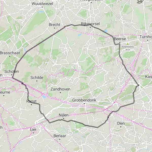 Map miniature of "Herenthout to Tielen Road Cycling Route" cycling inspiration in Prov. Antwerpen, Belgium. Generated by Tarmacs.app cycling route planner
