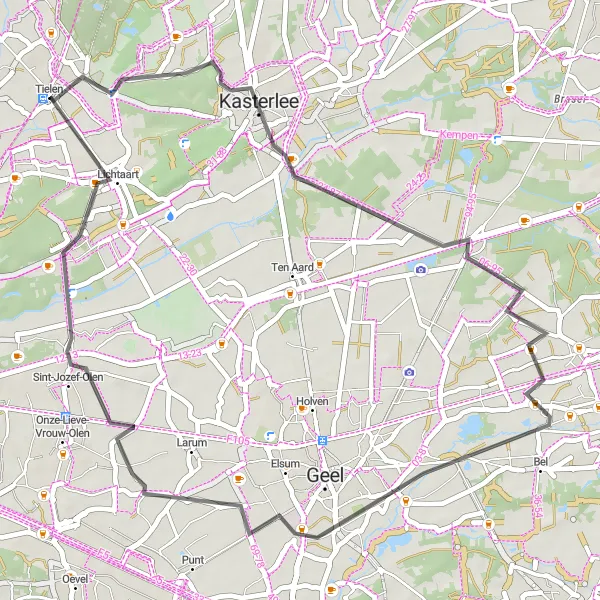 Map miniature of "Kasterlee and Sint-Jozef-Olen Road Cycling Route" cycling inspiration in Prov. Antwerpen, Belgium. Generated by Tarmacs.app cycling route planner