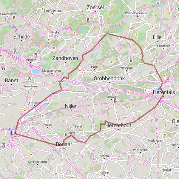 Miniature de la carte de l'inspiration cycliste "Aventure Gravel à Lier" dans la Prov. Antwerpen, Belgium. Générée par le planificateur d'itinéraire cycliste Tarmacs.app