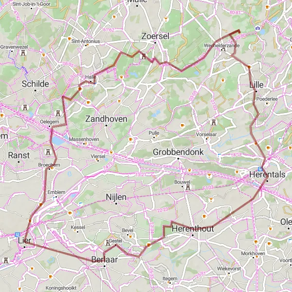 Karten-Miniaturansicht der Radinspiration "Gravel Tour von Lier nach Lier II" in Prov. Antwerpen, Belgium. Erstellt vom Tarmacs.app-Routenplaner für Radtouren
