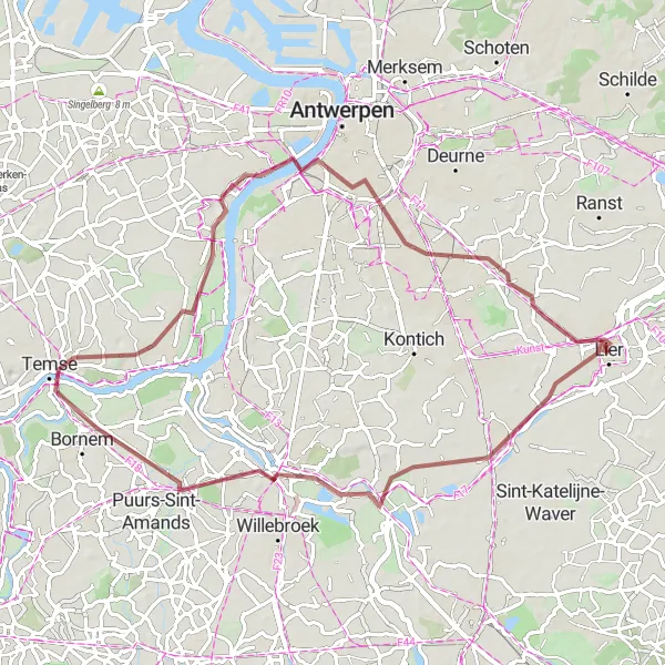 Map miniature of "Gravel Adventure through Lier and Surrounding Villages" cycling inspiration in Prov. Antwerpen, Belgium. Generated by Tarmacs.app cycling route planner