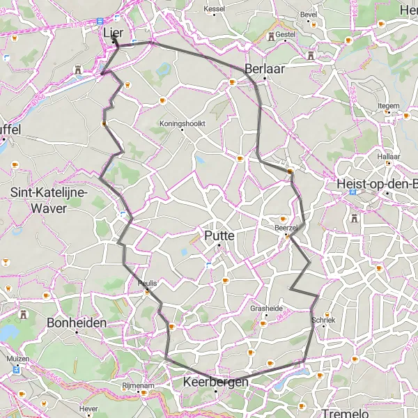Karten-Miniaturansicht der Radinspiration "Road Tour von Lier nach Lier" in Prov. Antwerpen, Belgium. Erstellt vom Tarmacs.app-Routenplaner für Radtouren