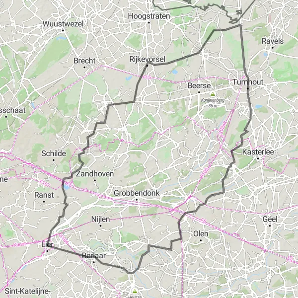 Map miniature of "Road Cycling Adventure with Scenic Landscapes" cycling inspiration in Prov. Antwerpen, Belgium. Generated by Tarmacs.app cycling route planner