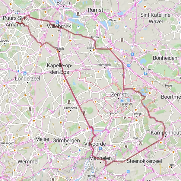 Miniatuurkaart van de fietsinspiratie "Rustige graveltocht naar Machelen" in Prov. Antwerpen, Belgium. Gemaakt door de Tarmacs.app fietsrouteplanner