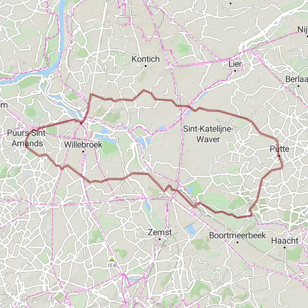 Map miniature of "Exploring Liezele's Gravel Routes" cycling inspiration in Prov. Antwerpen, Belgium. Generated by Tarmacs.app cycling route planner