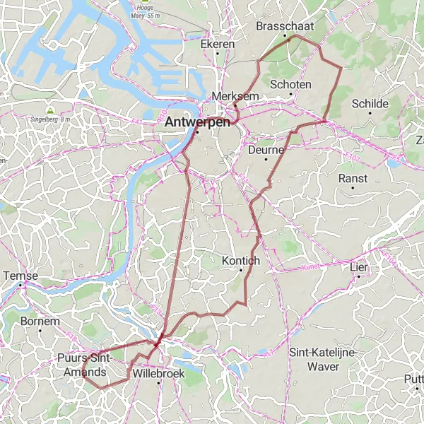 Map miniature of "The Gravel Adventure" cycling inspiration in Prov. Antwerpen, Belgium. Generated by Tarmacs.app cycling route planner