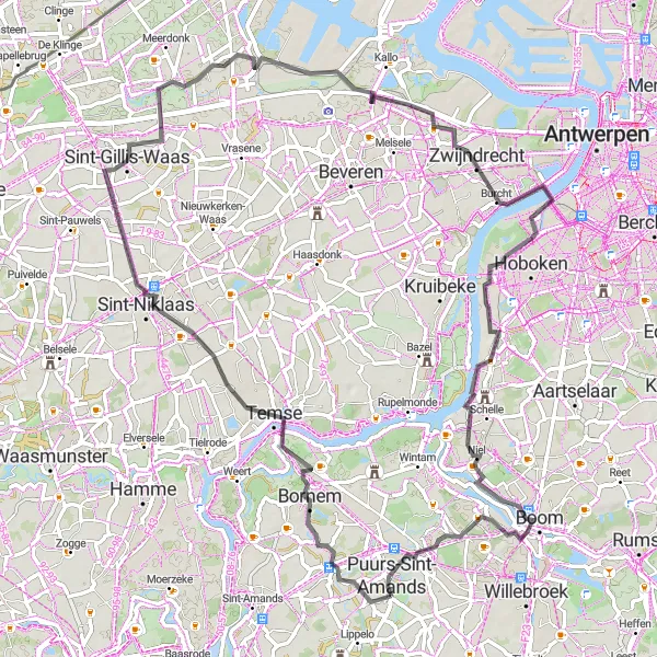 Map miniature of "The Hidden Castle Route" cycling inspiration in Prov. Antwerpen, Belgium. Generated by Tarmacs.app cycling route planner