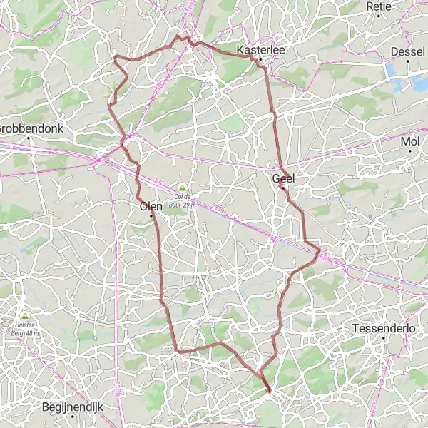 Map miniature of "Gravel Route to Oosterwijk" cycling inspiration in Prov. Antwerpen, Belgium. Generated by Tarmacs.app cycling route planner