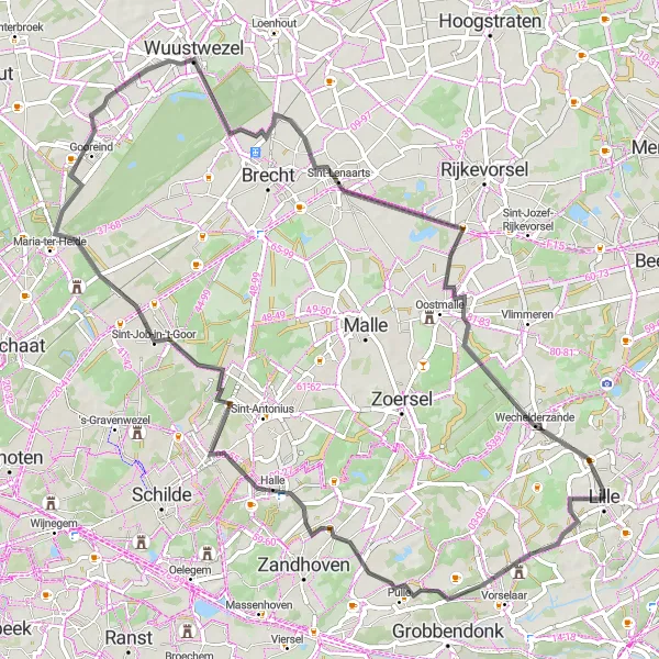 Miniatuurkaart van de fietsinspiratie "Lille naar Wechelderzande Road Route" in Prov. Antwerpen, Belgium. Gemaakt door de Tarmacs.app fietsrouteplanner