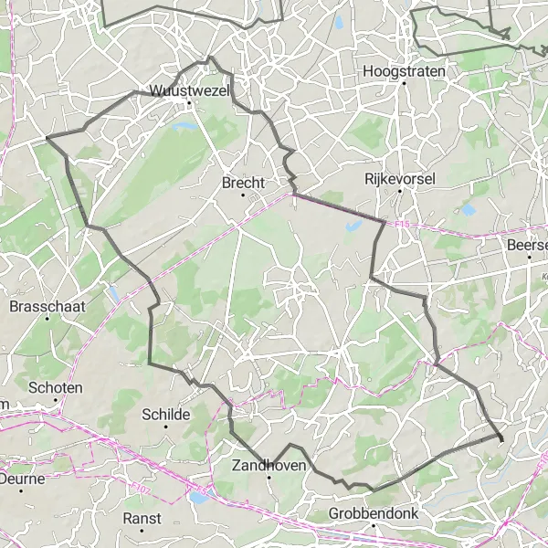 Map miniature of "Enchanting Forests and Historic Towns" cycling inspiration in Prov. Antwerpen, Belgium. Generated by Tarmacs.app cycling route planner