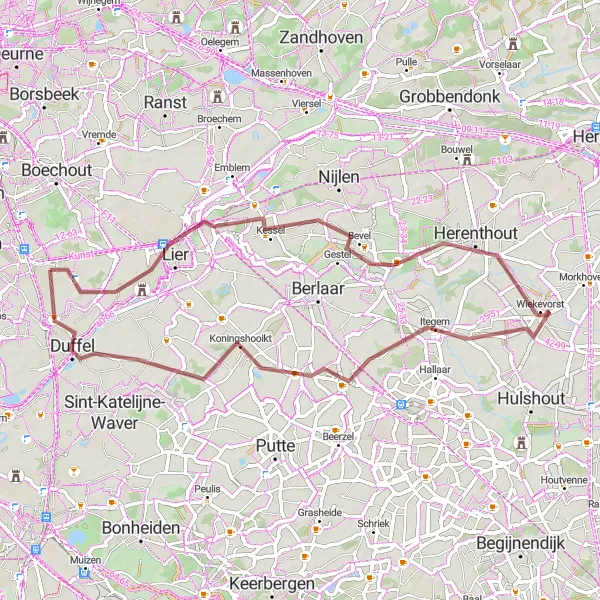 Miniatuurkaart van de fietsinspiratie "Gravelroute naar Herenthout en Lier" in Prov. Antwerpen, Belgium. Gemaakt door de Tarmacs.app fietsrouteplanner