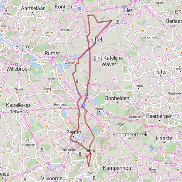 Map miniature of "Gravel Trails and Historic Landmarks" cycling inspiration in Prov. Antwerpen, Belgium. Generated by Tarmacs.app cycling route planner
