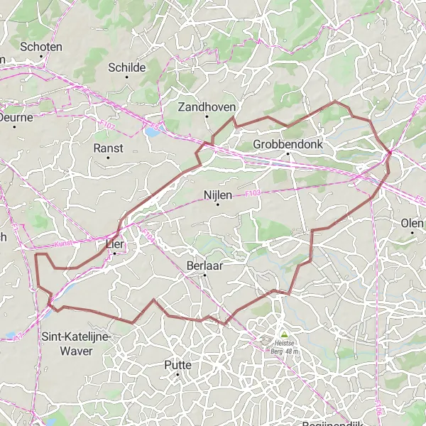 Karten-Miniaturansicht der Radinspiration "Graveltour von Lint nach Duffel über Herentals" in Prov. Antwerpen, Belgium. Erstellt vom Tarmacs.app-Routenplaner für Radtouren